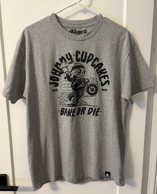Camisa gris para moto Johnny Cupcakes "Bake or Die" usada talla grande Foto 1 de 4