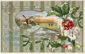 Bright Christmas Scenic Windmill Water Sailboats Green wallpaper Postcard 248 - Picture 1 of 2