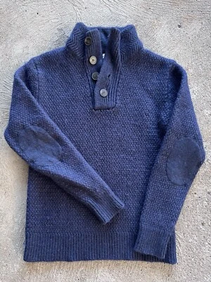 Suéter Schott Lana Peso Pesado M Azul Marino Pullover 1/4 Botón Codo Parches Lana Foto 1 de 4