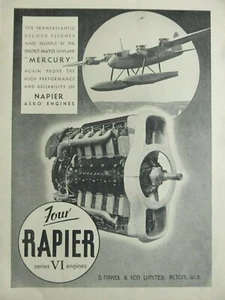 8/1938 PUB NAPIER & SON RAPIER SERIES VI ENGINE SHORT-MAYO MERCURY ORIGINAL AD - Imagen 1 de 2