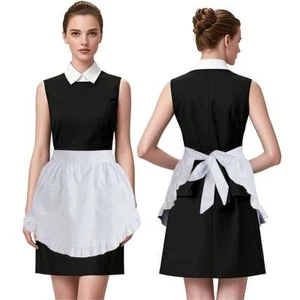 Waitress Workwear Kitchen Maid Half Bib Waist Apron Heavy Duty Apron 2 Pocket - Picture 1 of 12