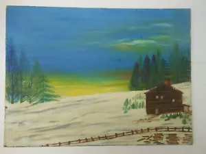 Antico dipinto olio scena neve capanna montagne olio su tavola artista 8" x 12" - Foto 1 di 11
