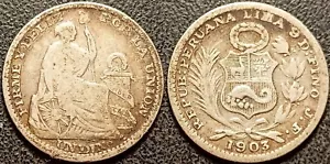 Perù - Repubblica - 1 Dinaro Argento 1903 JF ! KM#204.2 - Foto 1 di 1