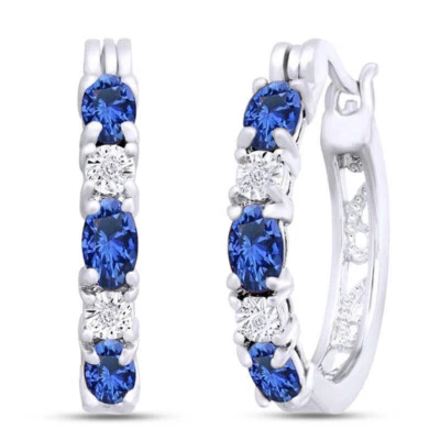 Hoop Earrings Blue Sapphire with Natural Diamonds in 14K White Gold Plated Foto 1 de 4