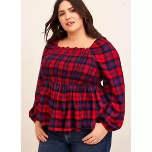 Torrid Flannel Shirt Womens 4X Babydoll Top Buffalo Plaid Smocked Cabincore  - Picture 1 of 13
