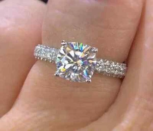 2Ct Cushion Cut Lab-Created Diamond Engagement Ring 14K White Gold Plated Silver - Picture 1 of 8