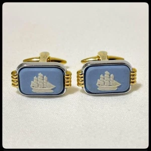 Wedgwood Cufflinks Sailboat Pale blue Rectangle Without box - Picture 1 of 13