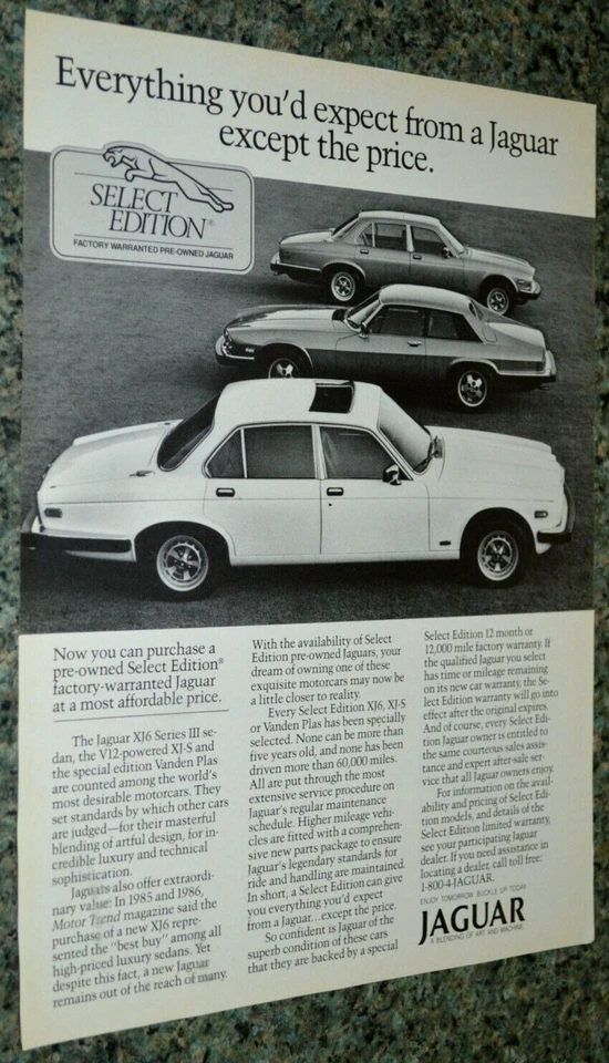 1987 JAGUAR VANDEN PLAS-XJ6-XJS ORIGINAL ADVERTISEMENT AD PRINT 87 XJ-6 XJ-S - Image 1 of 1