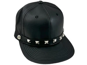 Black Leather Baseball Cap Hat Pyramid Studded Adjustable Faux Leather Vegan - Picture 1 of 7