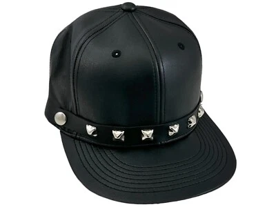Black Leather Baseball Cap Hat Pyramid Studded Adjustable Faux Leather Vegan - Image 1 of 4