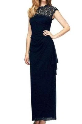 Vestido de encaje metálico azul marino con fruncido lateral ALEX EVENINGS 10 NUEVO CON ETIQUETAS $219 Foto 1 de 4