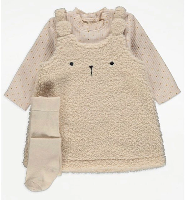 EX GEORGE Ex Store Baby Mädchen Bär Fleece Trägerkleid Body Strumpfhose Outfit 0-18