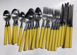 Vintage Yellow Plastic Handle Flatware Silverware Set Stainless Steel Retro 24pc - Picture 1 of 15
