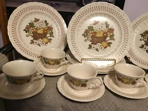 Cesta de frutas pintada a mano Metlox Vernon Ware vajilla de cena 3 piezas ajuste de lugar vintage - Imagen 1 de 13