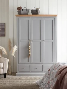 Hanna 3 Door 3 Drawer Wardrobe Grey & OaK Tops Modern Storage Bedroom Furniture - Picture 1 of 3