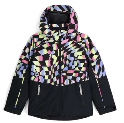 Jaqueta de esqui Spyder meninas tamanho 14 neon geométrica com capuz isolada casaco de inverno esqui - Imagem 1 de 4