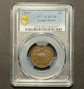 1864 Two Cent Piece, Large Motto — PCGS AU58 - Picture 1 of 5