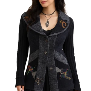 Boho Whimsigoth Patchwork Strick Pullover Jacke Damen L schwarz grau bestickt - Bild 1 von 14
