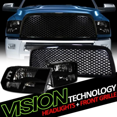 Faros estilo cuádruple negros para Ram 1500 09-12 con lámparas de estacionamiento + rejilla de parachoques Nb Foto 1 de 2