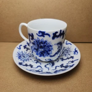 ACF Japan Demitasse Tea Cup With Saucer Blue White Porcelain Floral 70s - Picture 1 of 13