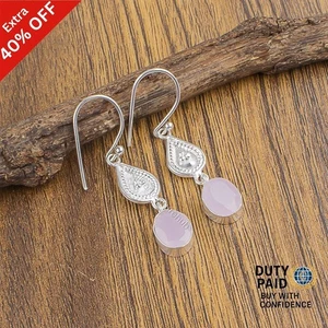 Venta de Navidad Pendientes Ovalados Natural Rosa Calcedonia 925 Plata de Ley Joyería - Imagen 1 de 5
