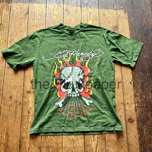 Ed Hardy x Urban Outifitters • "Flaming Skull" • T Shirt • XS • Green - Picture 1 of 5