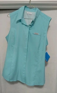 NWT Columbia Sports Womens Sleeveless Top Blue Sun Protection Snap Up Size Large - Picture 1 of 9
