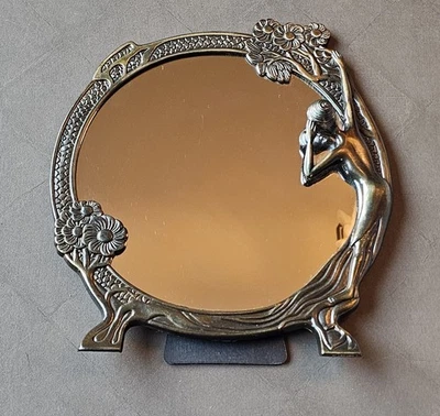 Cavalete vintage Lady in the Lake espelho latão 10" redondo estilo art nouveau deco - Imagem 1 de 4