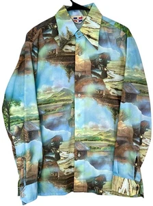 Vintage 70s Western Button Down Shirt Sz M Wagons Cabins Trains Psychedelic USA - Picture 1 of 8