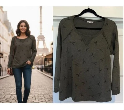 Pullover Pleione Para Mujer XL Verde Ejército Estampado Torre Eiffel Manga Larga Cuello Redondo S Foto 1 de 4