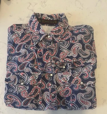 Винтажный джинсовой ткани жемчуг Snap пейсли MED ROCKY ROCKY длинным рукавом Бесплатная доставка - Изображение 1 из 4