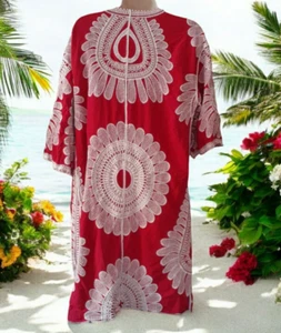 Boho Kimono japanischer Stil rot mit großen weißen bestickten Blumen L XL Anea.A - Bild 1 von 10