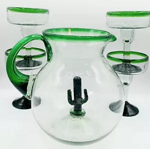 Set Of 5 Blown Glass Margarita Glasses and Large Pitcher With Applied Cactus - Picture 1 of 9