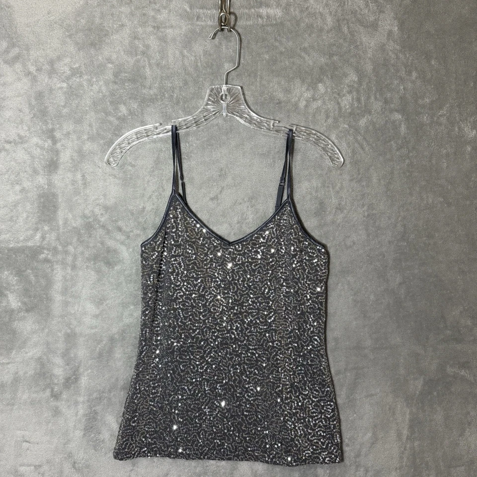 Camiseta sin mangas vintage Y2K Express plateada lentejuelas S salir camisola brillante metálica Foto 1 de 4