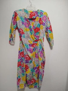 Jack Mulqueen ~ Silk Dress Size Med - Floral Knee Length Side Button Vintage 80s - Picture 1 of 6