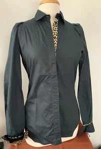 Just Cavalli Black Cotton Shirt With Leopard Pattern Trimming Size 42 - Picture 1 of 7