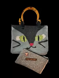 OOAK Bespoke Handmade Crazy Cat Lady Handbag Set Purse & Pouch Lucite Handles - Picture 1 of 8