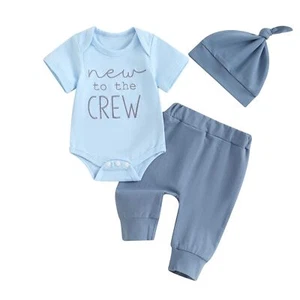 Newborn Baby Boy Girl Clothes New To The Crew Printed Romper Pants Set with H... - Picture 1 of 9