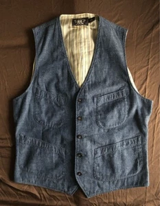 Used RRL Indigo Nep Yarn Vest Denim Work Jacket Vest Tops Mens Size M Rare - Picture 1 of 6