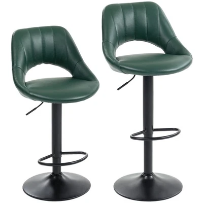 Adjustable Swivel Bar Stools Set Two Faux Leather Kitchen 360° Seat Dark Green - Image 1 of 4