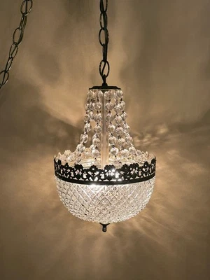 Vintage MCM Swag Lamp-Brass & Cut Crystal Globe/Hanging Strands Cut Glass Prisms - Image 1 of 4