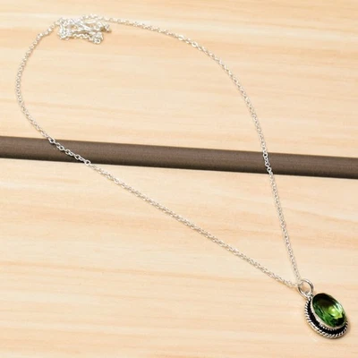 Green Peridot Gemstone Pendant Necklace 925 Sterling Silver Chain Jewelry - Image 1 of 4