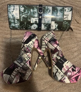 Herstyle Magazine Print Size 8 stiletto Heels W/ Matching Shoulder Clutch Purse - Picture 1 of 12