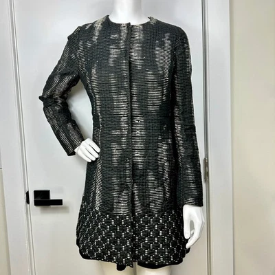 Elie Tahari Black White Abstract Print Textured Knit Longline Jacket Size S - Image 1 of 4