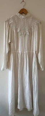 Vestido Jessica McClintock Vintage Lino Manga Larga Crochet Bolsillos Blanco Foto 1 de 4