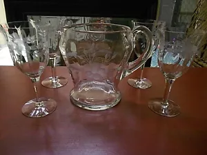 Vtg Set of 4 Optic Paneled Etched Floral Crystal Wine/Water Glasses & Pitcher - Picture 1 of 11