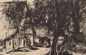 Cabañas en el bosque ilegible firmado monotipo siglo XX - Imagen 1 de 4