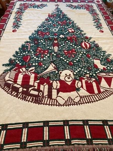 Holiday Christmas Afghan/Throw 100% Cotton Christmas Tree w/Bear Design - Picture 1 of 7