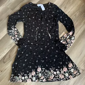 Y2k FULL TILT M Tillys Black Ditsy Floral Lined Long Sleeve Mini Dress Fairy - Picture 1 of 9