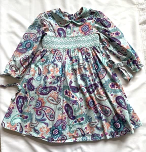 Marmellata Teal Purple Paisley Smocked Dress 6 Girl Long Sleeves Lined - Picture 1 of 6